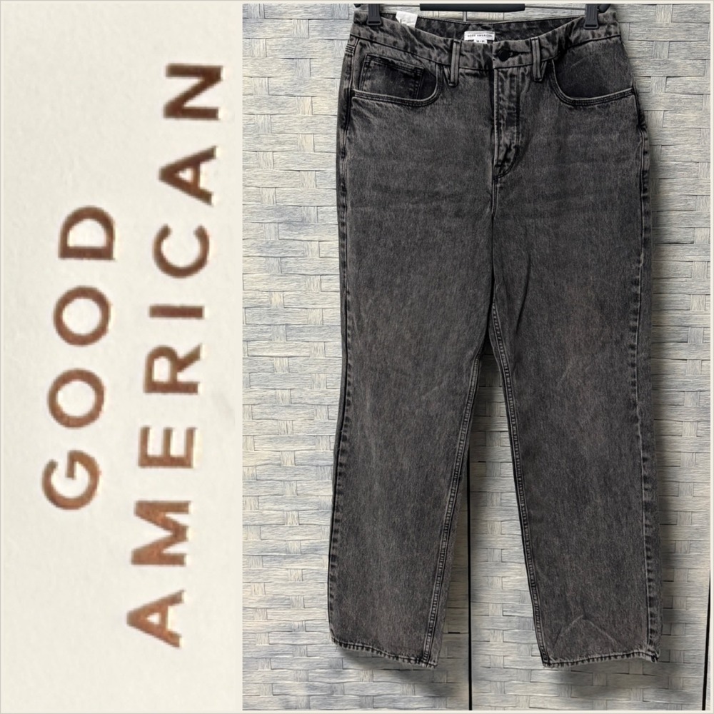 NWT Good American Womens 12/31 Jeans 90s Black Light Wash High-Rise Straight Leg